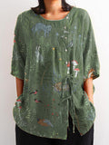 Woodland And Animals Repeat Pattern Printed Women’s Casual Cotton Linen Shirt Green / S