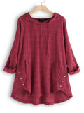 Women’s Plaid Cotton And Linen Button Down Long Tunic Shirt Burgundy(Longsleeve) / M