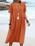 Women’s Solid Color Loose Elegant Casual Cotton And Linen Dress Orange / S