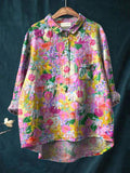 Abstract Colorful Summer Garden Printed Women’s Casual Cotton And Linen Shirt Multicolor / S