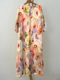 Women’s Elegant Pink Watercolor Floral Print Pocket Cotton Dress