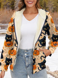 Black Cat Pumpkin Halloween Art Print Waffle Plush Thick Long-Sleeved Hooded Coat Multicolor / S