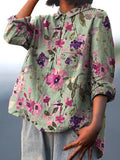 Women’s Retro Green Background Purple And Pink Floral Print Casual Cotton And Linen Shirt