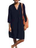 Women’s Solid Color Loose Elegant Casual V-Neck Pocket Cotton And Linen Dress Black / S