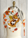 Autumn Winter Cute Fox Maple Leaves Print Triangle Knitted Scarf