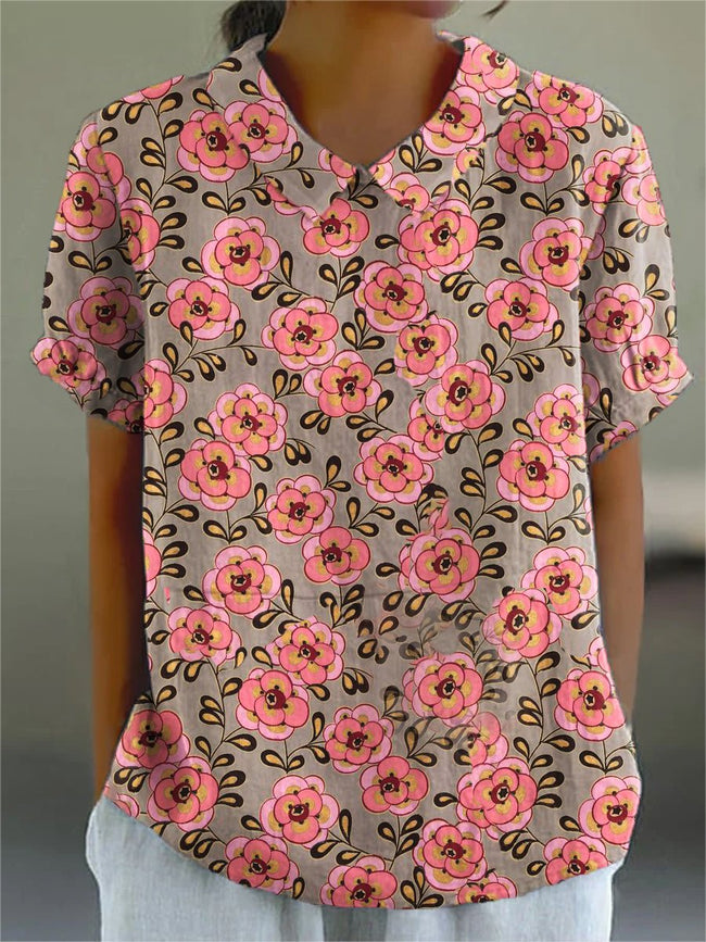 Women’s Flower Art Print Casual Cotton And Linen Shirt Multicolor / S