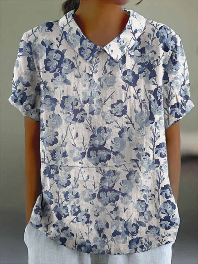 Women’s Blue Floral Print Casual Cotton And Linen Shirt Multicolor / S