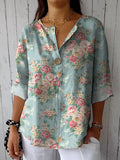 Retro Style Ditsy Rose Pattern Printed Women’s Casual Cotton Linen Shirt Multicolor / S