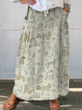 Line Drawing Dogs Pattern Printed Women’s Linen Pocket Skirt Sand / S