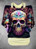 Women's  Rainbow Skull Punk Rock Pattern Top Wide Leg Pants Two-Piece Set