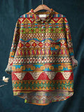 Tribal Style Geometric Pattern Printed Women’s Casual Cotton And Linen Shirt Multicolor / S