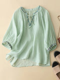 Cotton And Linen Embroidery V-Neck Mid Sleeve Summer Blouse Lightgreen / M