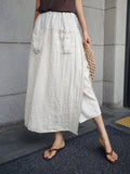 Women’s Plain Color Casual Nine-Point Pants Fake Two-Piece Cotton And Linen Wide-Leg Skirt White