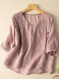 Embroidery Cotton And Linen Mid Sleeve Blouse Pink / M