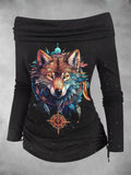 Women's Wolf Fall Art Print Off Shoulder Foldover Cinched Top