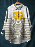 Women’s Cat Print Casual Cotton And Linen Shirt Multicolor / S