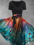 Women's Summer Peacock Feather Gradient Art Two Piece Dress