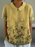 Women’s Retro Floral Art Print Casual Cotton And Linen Shirt Yellow / S