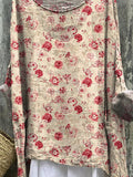 Vintage Red Rose Repeat Pattern Printed Women’s Casual Linen Cotton Pullover Top