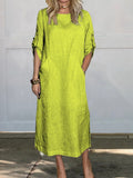 Women’s Comfortable Solid Color Linen Pocket Dress Yellow / S