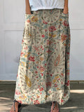 Women’s Vintage Floral Art Printed Linen Pocket Skirt