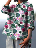 Women’s Vintage Lovely Elegant Lotus Art Print Casual Cotton And Linen Shirt