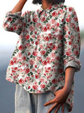 Watercolor Red Rose Pattern Printed Women’s Casual Cotton And Linen Shirt