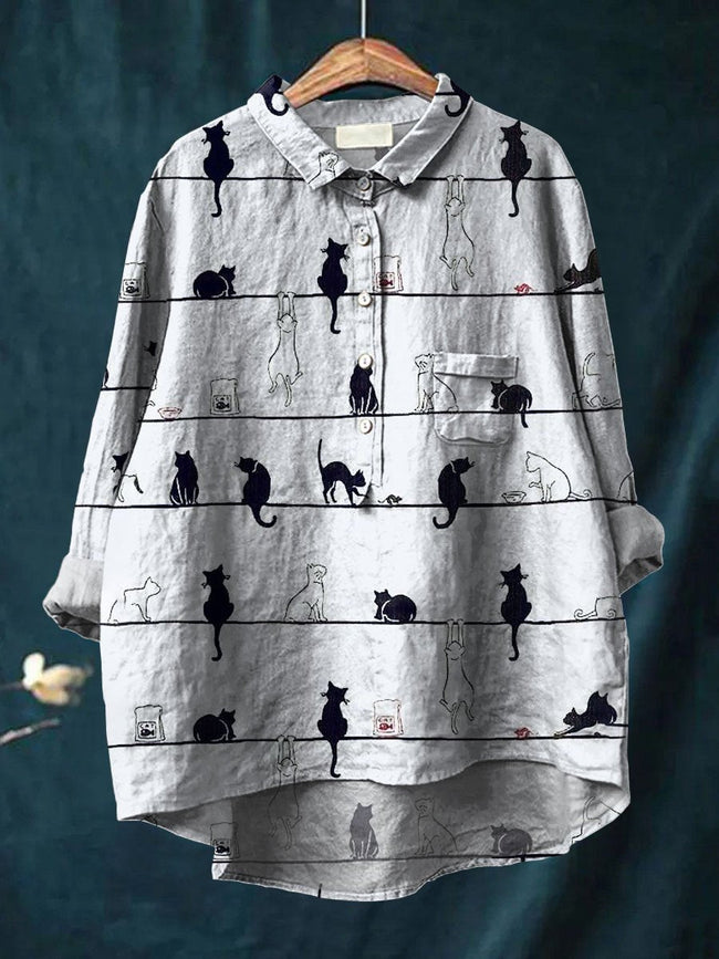 Women’s Cat Art Print Casual Cotton And Linen Shirt Multicolor / S