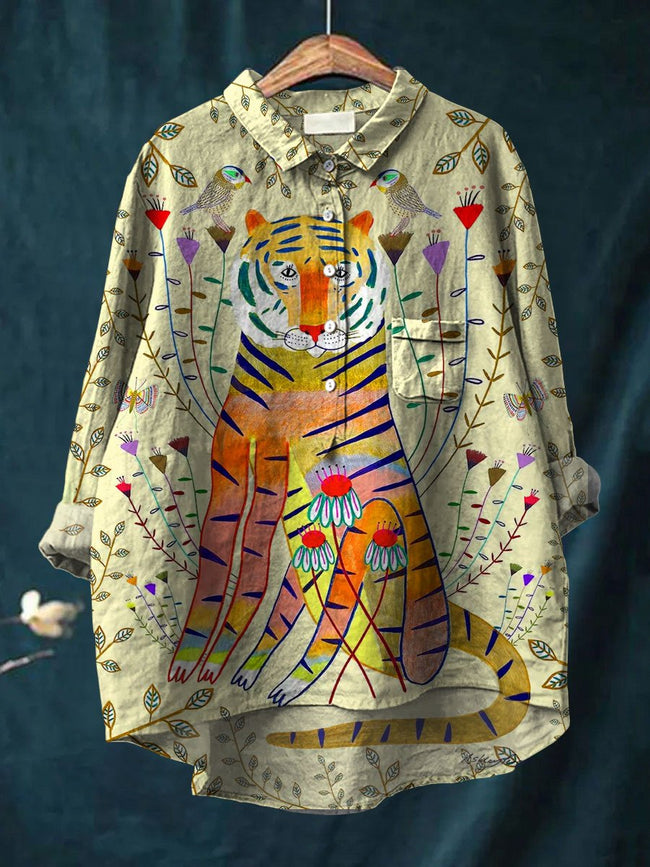 Women’s Tiger Print Casual Cotton And Linen Shirt Multicolor / S