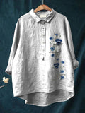 Simple Blue Spring Floral Printed Women’s Casual Cotton And Linen Shirt White / S