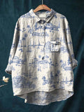 Women’s Blue Simple Drawing Landscape Print Casual Cotton And Linen Shirt Multicolor / S