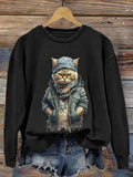 Animal Cool Cat Casual Print Sweatshirt