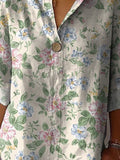 Lovely Hand Drawing Style Floral Pattern Printed Women’s Casual Cotton Linen Shirt