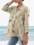 Boughs And Robin Birds Pattern Printed Women’s Casual Linen V-Neck Shirt Sand / S