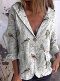 Lovely Spring Birds On Bough Repeat Pattern Printed Women’s Linen And Cotton Pocket Coat