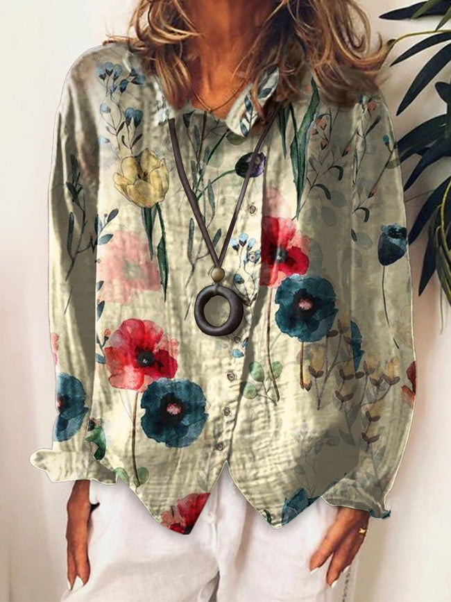 Women’s Flower Art Print Cotton & Linen Casual Long Shirt Multicolor / S