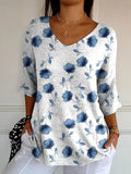 Women’s Cute Little Blue Flower Print Casual Pullover Knit