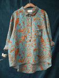 Vintage Bird Flower Art Print Casual Cotton And Linen Shirt Multicolor / S