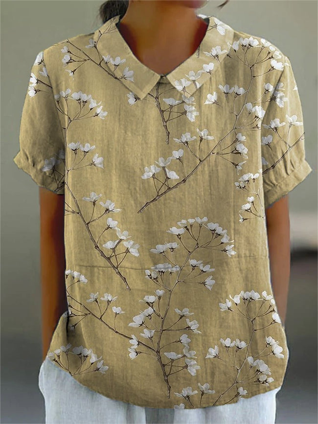 Women’s Small White Flowers Print Casual Cotton And Linen Shirt Multicolor / S