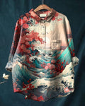 Women’s Japanese Art Print Casual Cotton And Linen Shirt Multicolor / S