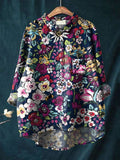 Women’s Colorful Floral Print On Dark Blue Background Casual Cotton And Linen Shirt Multicolor / S