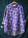 Watercolor Purple Floral Pattern Printed Women’s Casual Cotton And Linen Shirt / S