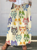 Women’s Cute Cat Art Print Linen Pocket Skirt Multicolor / S