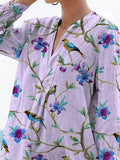 Watercolor Summer Bird And Floral Pattern Printed Women’s Casual Linen V-Neck Shirt