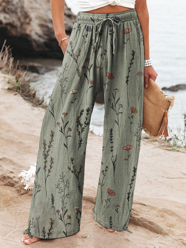 Women's  Floral  Art Printed Cotton And Linen Casual Pants