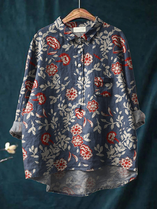 Women’s Floral Art Print Casual Cotton And Linen Shirt Multicolor / S