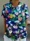 Colorful Water Lily Printed Women’s Casual Cotton And Linen Shirt Multicolor / S