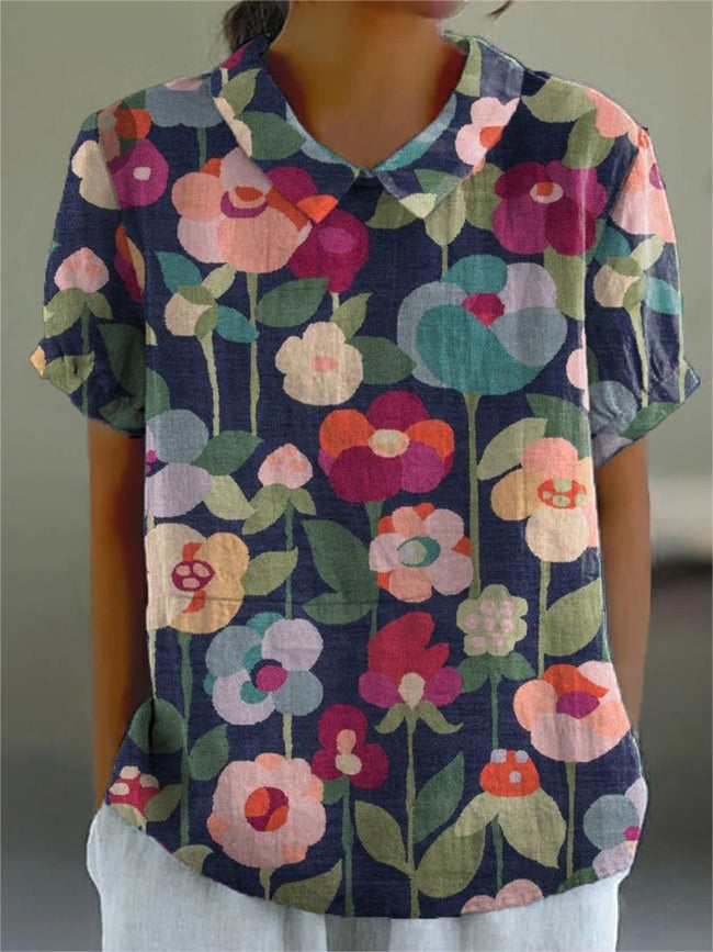 Women’s Flower Print Casual Cotton And Linen Shirt Multicolor / S