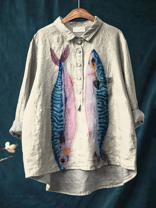 Women’s Fish Mackerel Vintage Art Print Casual Cotton And Linen Shirt Multicolor / S