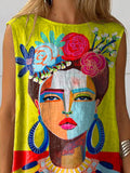 Oil Painting Freda Portrait Art Printed Women’s Casual Cotton And Linen Tank Top